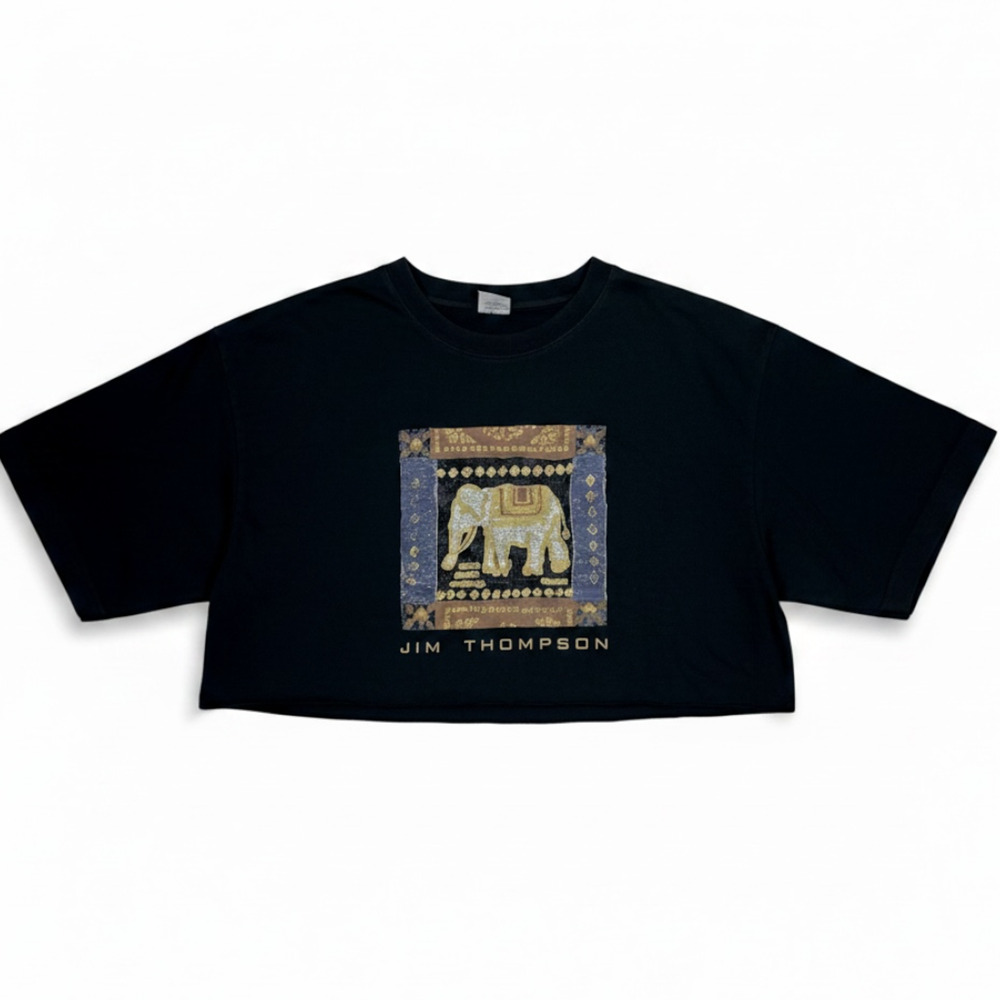 Jim Thompson Elephant India Cropped Black Women's Large T-Shirt 90s Vintage